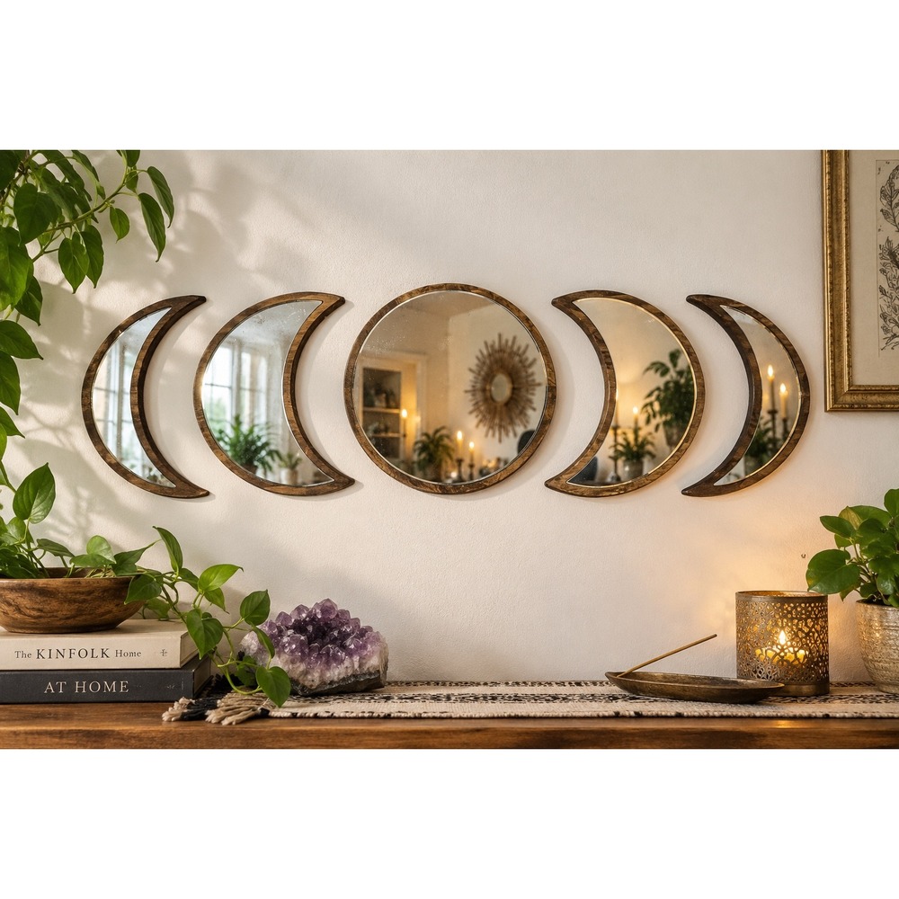 Shmitberg 5 Piece Moon Phase Wall Mirror Set Wood Frame Celestial Boho Decor